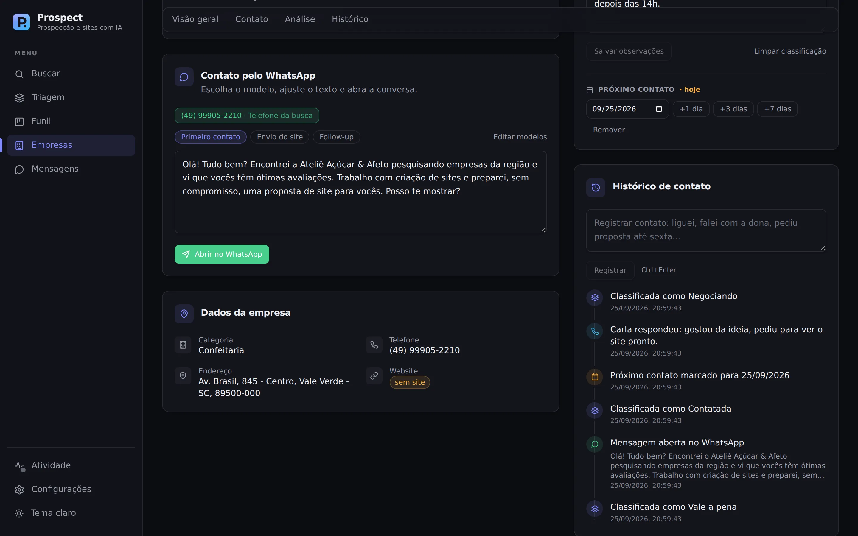 Página da empresa com o composer de WhatsApp, próximo contato e histórico