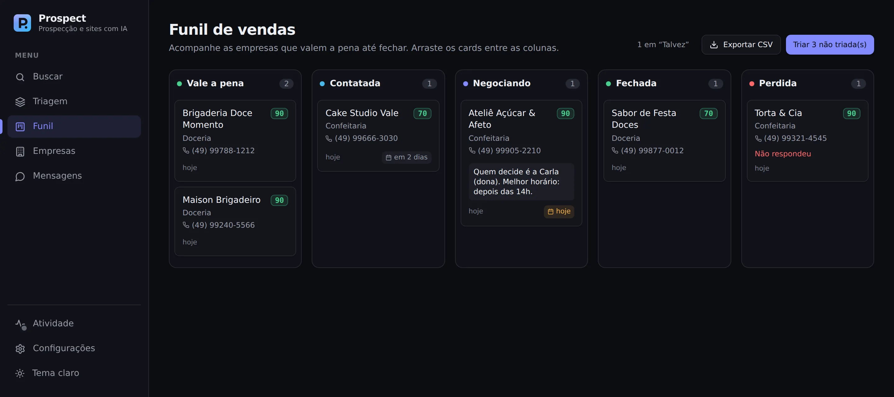 Funil de vendas do app: empresas em Vale a pena, Contatada, Negociando, Fechada e Perdida